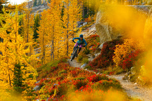 Open image in slideshow, Sophia Rouches biking the Cut Throat trail in Mazama WA during peak fall color
